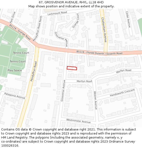 67, GROSVENOR AVENUE, RHYL, LL18 4HD: Location map and indicative extent of plot