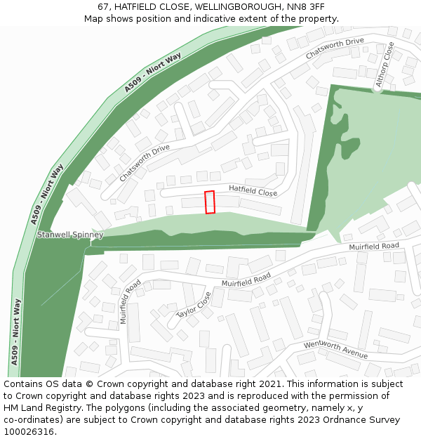 67, HATFIELD CLOSE, WELLINGBOROUGH, NN8 3FF: Location map and indicative extent of plot