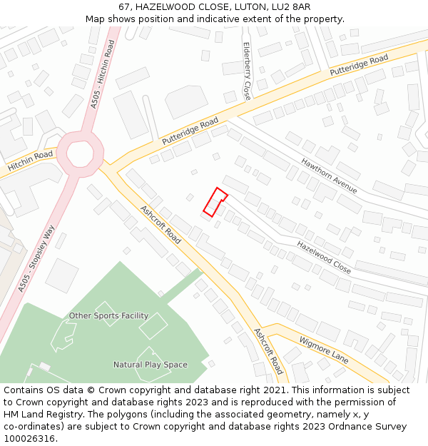 67, HAZELWOOD CLOSE, LUTON, LU2 8AR: Location map and indicative extent of plot