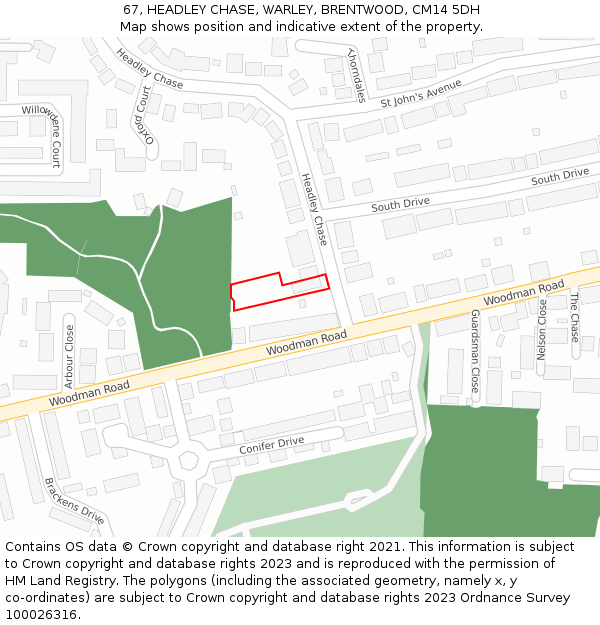 67, HEADLEY CHASE, WARLEY, BRENTWOOD, CM14 5DH: Location map and indicative extent of plot