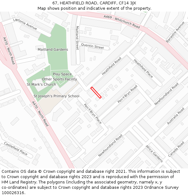 67, HEATHFIELD ROAD, CARDIFF, CF14 3JX: Location map and indicative extent of plot