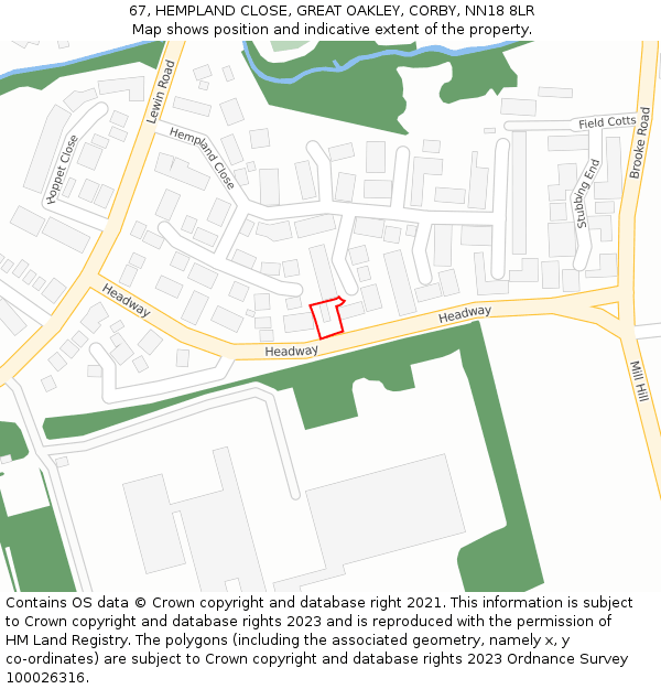 67, HEMPLAND CLOSE, GREAT OAKLEY, CORBY, NN18 8LR: Location map and indicative extent of plot