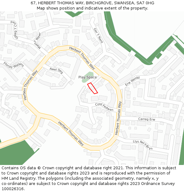 67, HERBERT THOMAS WAY, BIRCHGROVE, SWANSEA, SA7 0HG: Location map and indicative extent of plot