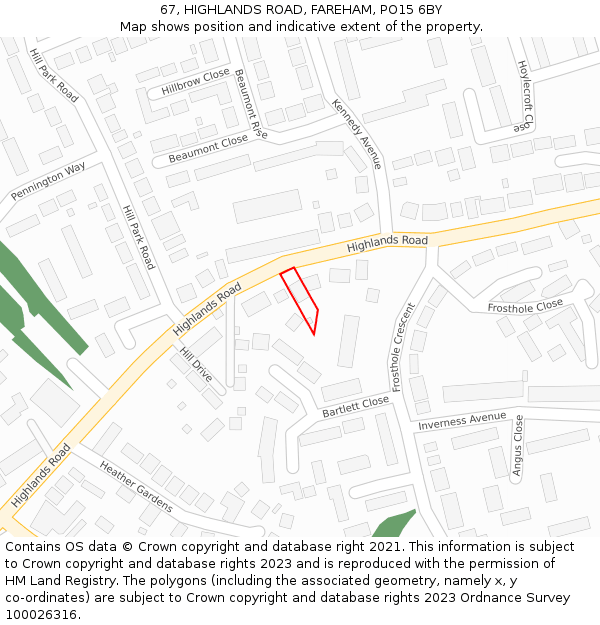 67, HIGHLANDS ROAD, FAREHAM, PO15 6BY: Location map and indicative extent of plot