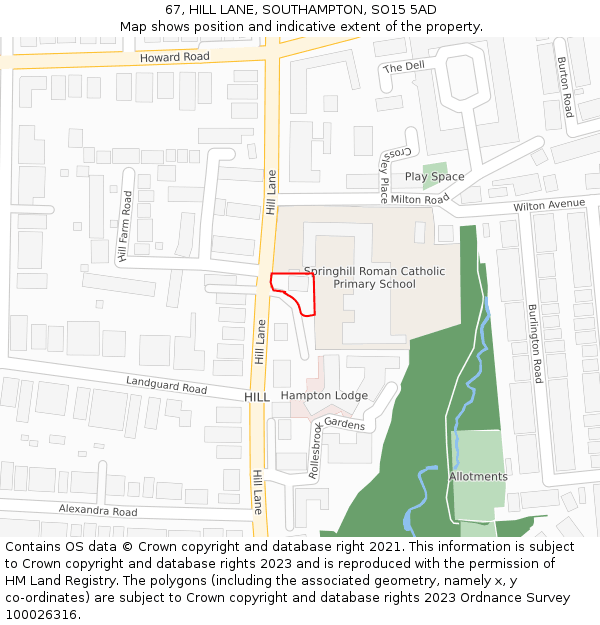 67, HILL LANE, SOUTHAMPTON, SO15 5AD: Location map and indicative extent of plot