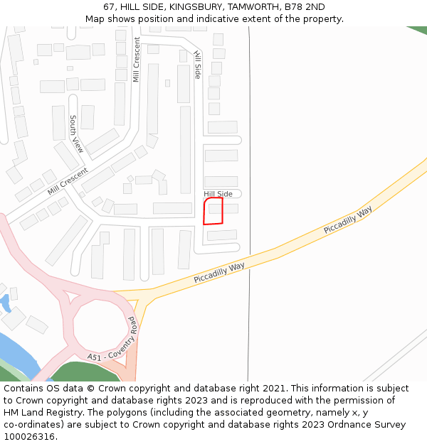 67, HILL SIDE, KINGSBURY, TAMWORTH, B78 2ND: Location map and indicative extent of plot