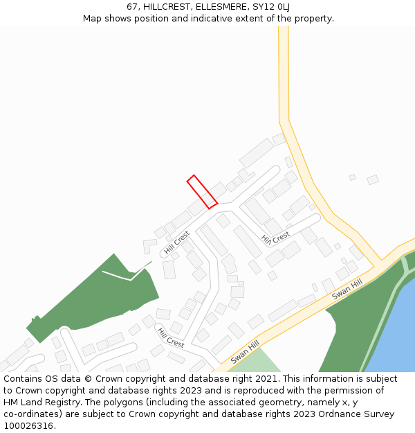67, HILLCREST, ELLESMERE, SY12 0LJ: Location map and indicative extent of plot