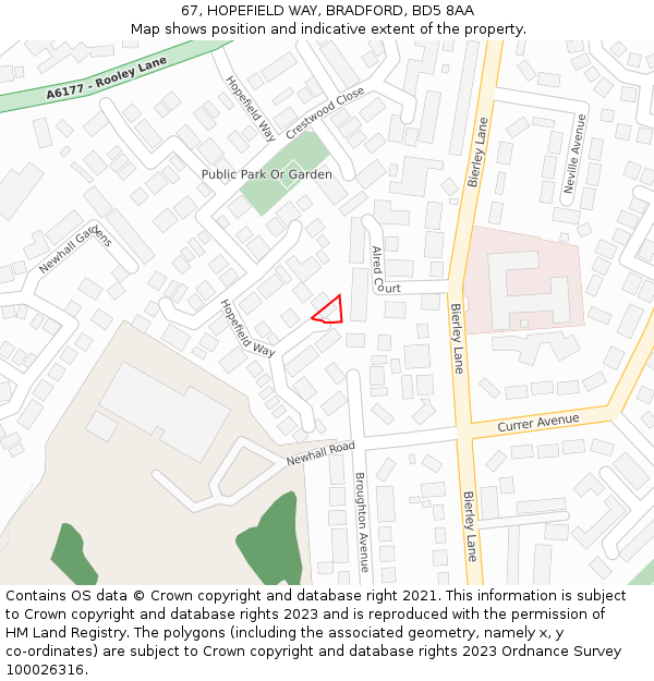 67, HOPEFIELD WAY, BRADFORD, BD5 8AA: Location map and indicative extent of plot