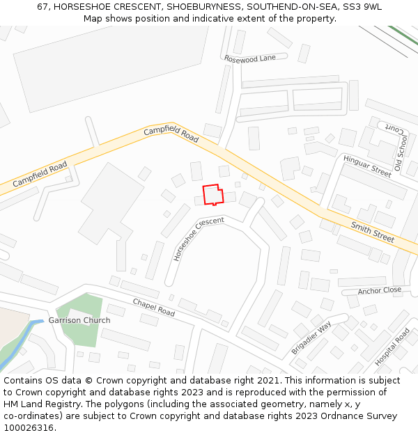 67, HORSESHOE CRESCENT, SHOEBURYNESS, SOUTHEND-ON-SEA, SS3 9WL: Location map and indicative extent of plot