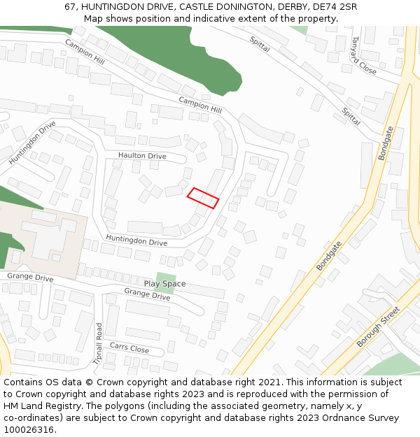 67, HUNTINGDON DRIVE, CASTLE DONINGTON, DERBY, DE74 2SR: Location map and indicative extent of plot