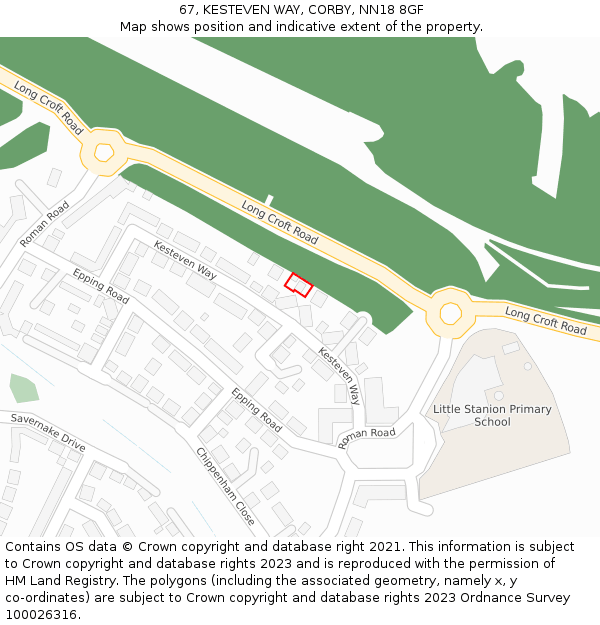 67, KESTEVEN WAY, CORBY, NN18 8GF: Location map and indicative extent of plot