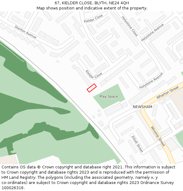 67, KIELDER CLOSE, BLYTH, NE24 4QH: Location map and indicative extent of plot