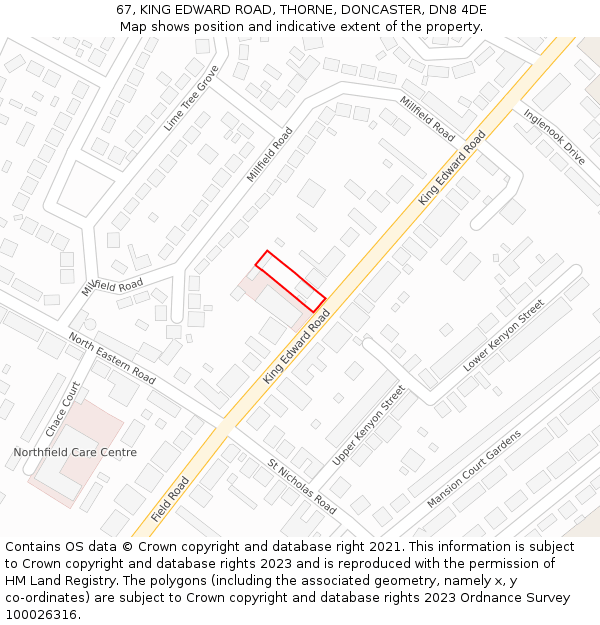 67, KING EDWARD ROAD, THORNE, DONCASTER, DN8 4DE: Location map and indicative extent of plot