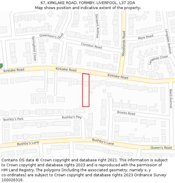 67, KIRKLAKE ROAD, FORMBY, LIVERPOOL, L37 2DA: Location map and indicative extent of plot