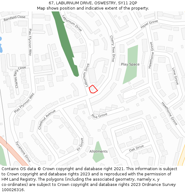 67, LABURNUM DRIVE, OSWESTRY, SY11 2QP: Location map and indicative extent of plot