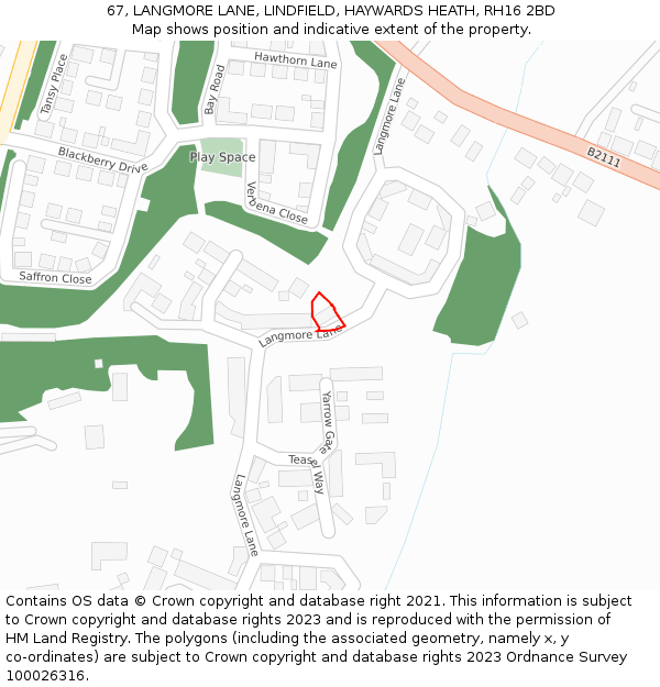67, LANGMORE LANE, LINDFIELD, HAYWARDS HEATH, RH16 2BD: Location map and indicative extent of plot