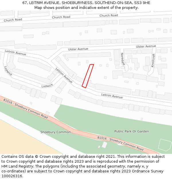 67, LEITRIM AVENUE, SHOEBURYNESS, SOUTHEND-ON-SEA, SS3 9HE: Location map and indicative extent of plot