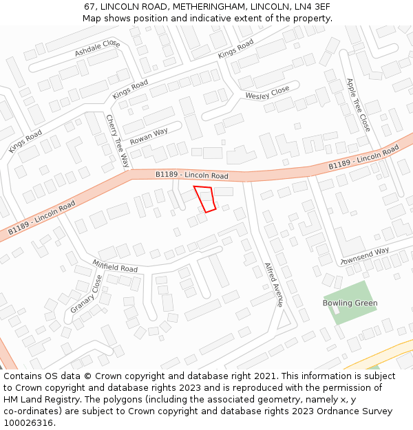 67, LINCOLN ROAD, METHERINGHAM, LINCOLN, LN4 3EF: Location map and indicative extent of plot