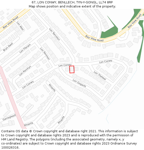 67, LON CONWY, BENLLECH, TYN-Y-GONGL, LL74 8RP: Location map and indicative extent of plot