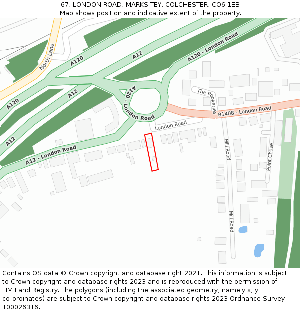 67, LONDON ROAD, MARKS TEY, COLCHESTER, CO6 1EB: Location map and indicative extent of plot