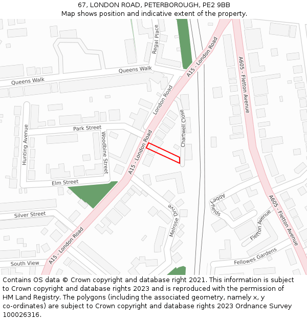 67, LONDON ROAD, PETERBOROUGH, PE2 9BB: Location map and indicative extent of plot