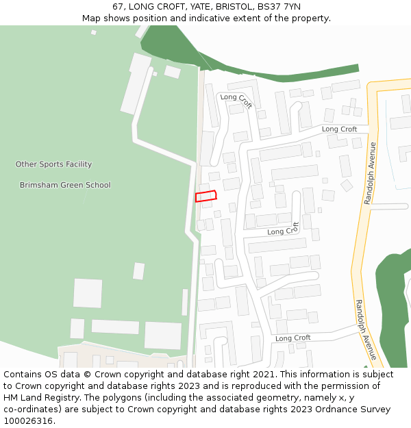 67, LONG CROFT, YATE, BRISTOL, BS37 7YN: Location map and indicative extent of plot