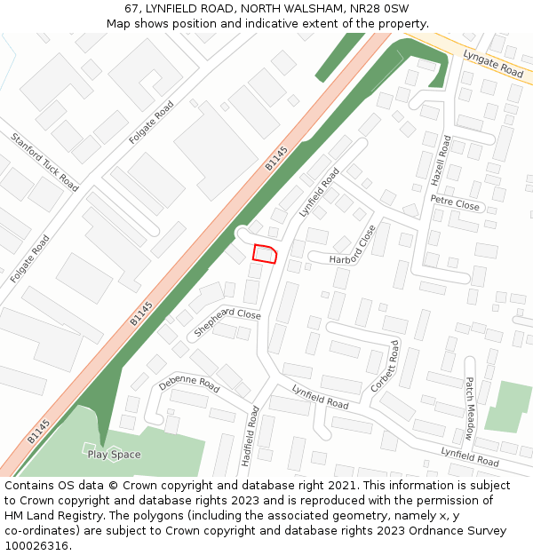 67, LYNFIELD ROAD, NORTH WALSHAM, NR28 0SW: Location map and indicative extent of plot