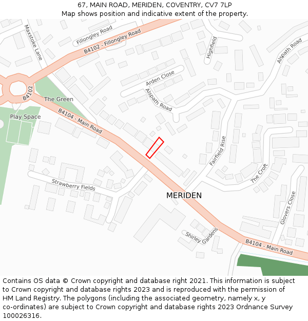 67, MAIN ROAD, MERIDEN, COVENTRY, CV7 7LP: Location map and indicative extent of plot