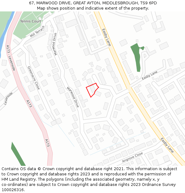 67, MARWOOD DRIVE, GREAT AYTON, MIDDLESBROUGH, TS9 6PD: Location map and indicative extent of plot