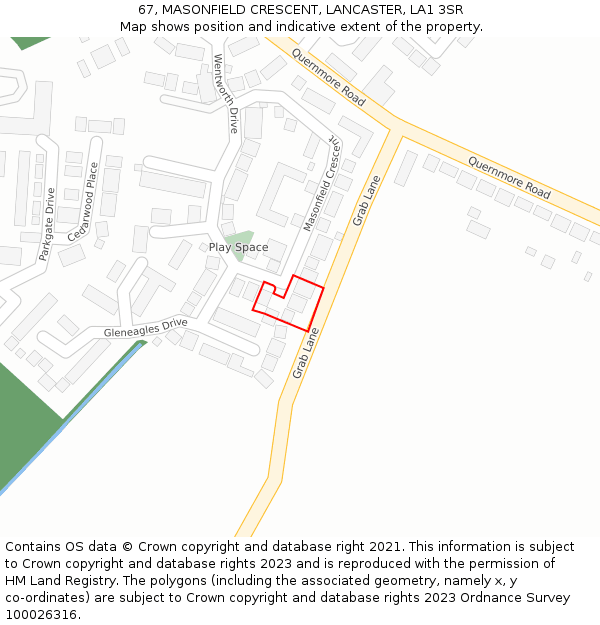 67, MASONFIELD CRESCENT, LANCASTER, LA1 3SR: Location map and indicative extent of plot
