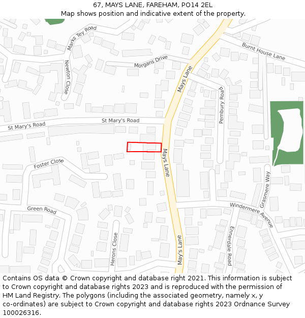 67, MAYS LANE, FAREHAM, PO14 2EL: Location map and indicative extent of plot