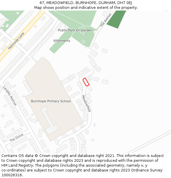 67, MEADOWFIELD, BURNHOPE, DURHAM, DH7 0EJ: Location map and indicative extent of plot