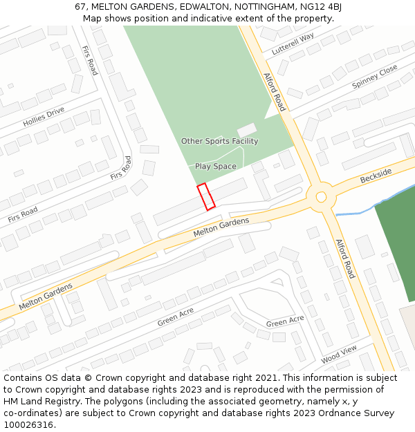 67, MELTON GARDENS, EDWALTON, NOTTINGHAM, NG12 4BJ: Location map and indicative extent of plot