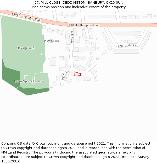 67, MILL CLOSE, DEDDINGTON, BANBURY, OX15 0UN: Location map and indicative extent of plot