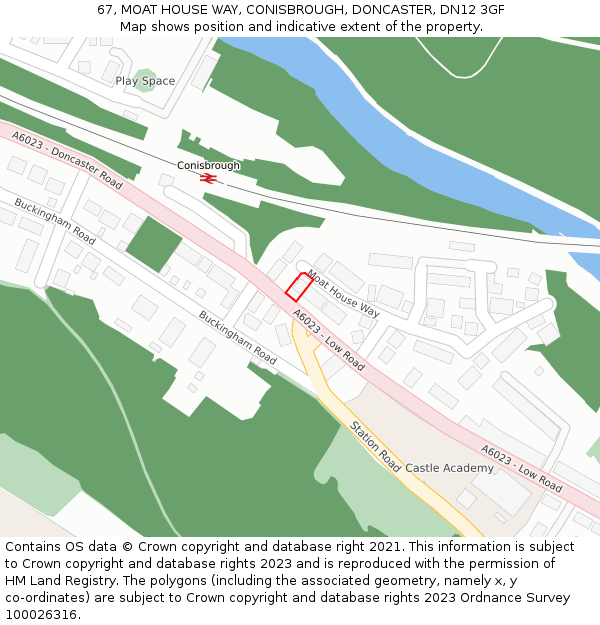 67, MOAT HOUSE WAY, CONISBROUGH, DONCASTER, DN12 3GF: Location map and indicative extent of plot