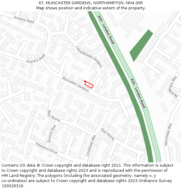 67, MUNCASTER GARDENS, NORTHAMPTON, NN4 0XR: Location map and indicative extent of plot