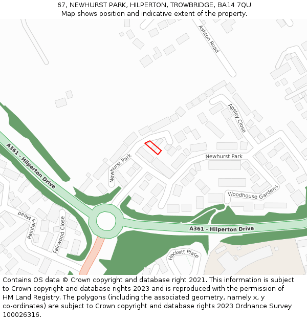 67, NEWHURST PARK, HILPERTON, TROWBRIDGE, BA14 7QU: Location map and indicative extent of plot