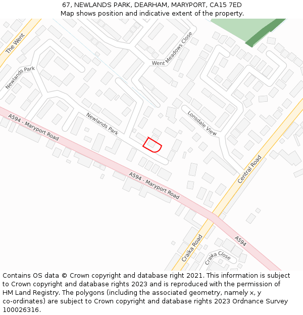 67, NEWLANDS PARK, DEARHAM, MARYPORT, CA15 7ED: Location map and indicative extent of plot