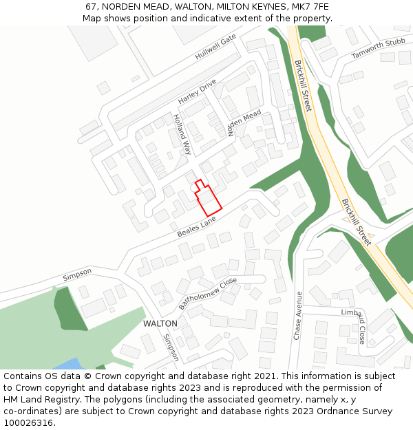 67, NORDEN MEAD, WALTON, MILTON KEYNES, MK7 7FE: Location map and indicative extent of plot