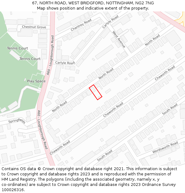 67, NORTH ROAD, WEST BRIDGFORD, NOTTINGHAM, NG2 7NG: Location map and indicative extent of plot