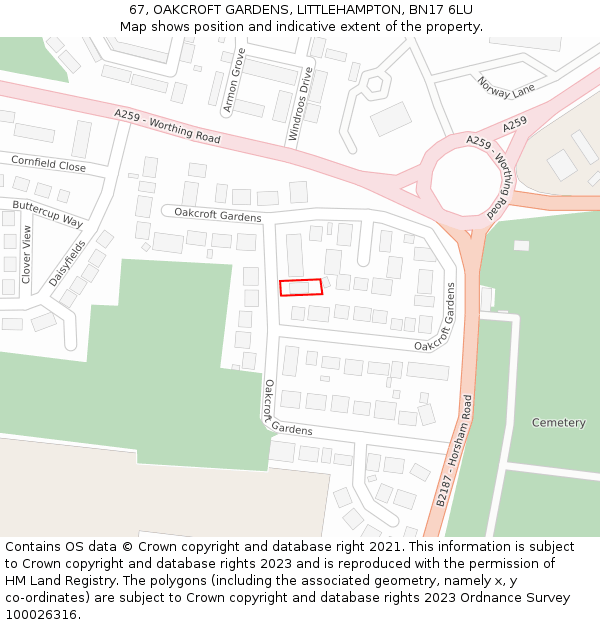 67, OAKCROFT GARDENS, LITTLEHAMPTON, BN17 6LU: Location map and indicative extent of plot