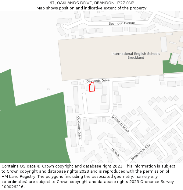 67, OAKLANDS DRIVE, BRANDON, IP27 0NP: Location map and indicative extent of plot