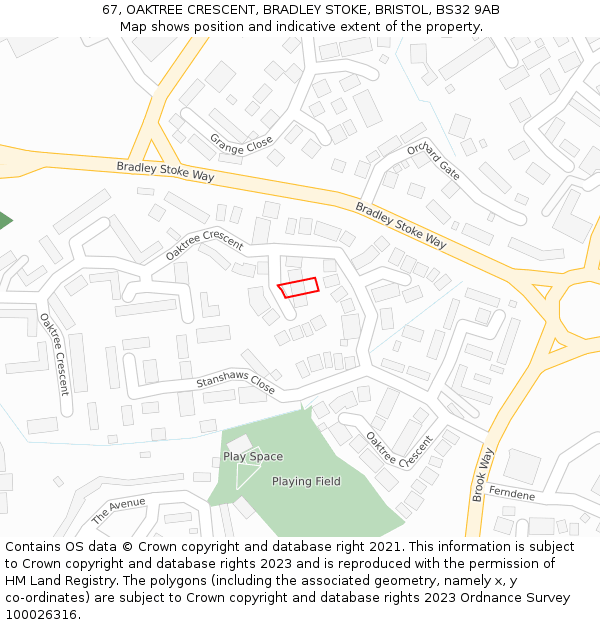 67, OAKTREE CRESCENT, BRADLEY STOKE, BRISTOL, BS32 9AB: Location map and indicative extent of plot