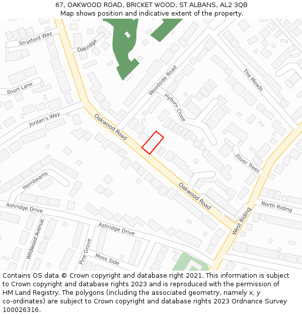 67, OAKWOOD ROAD, BRICKET WOOD, ST ALBANS, AL2 3QB: Location map and indicative extent of plot