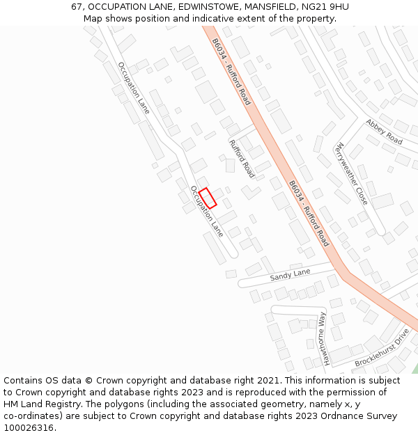 67, OCCUPATION LANE, EDWINSTOWE, MANSFIELD, NG21 9HU: Location map and indicative extent of plot