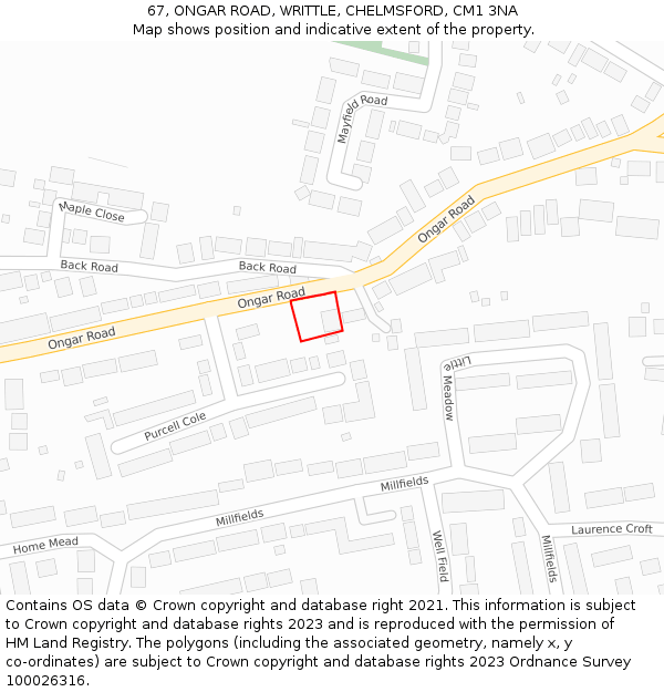 67, ONGAR ROAD, WRITTLE, CHELMSFORD, CM1 3NA: Location map and indicative extent of plot