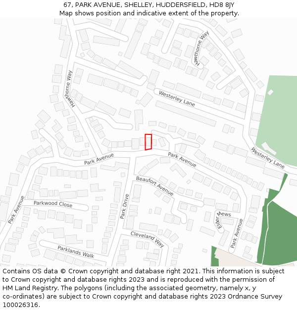 67, PARK AVENUE, SHELLEY, HUDDERSFIELD, HD8 8JY: Location map and indicative extent of plot