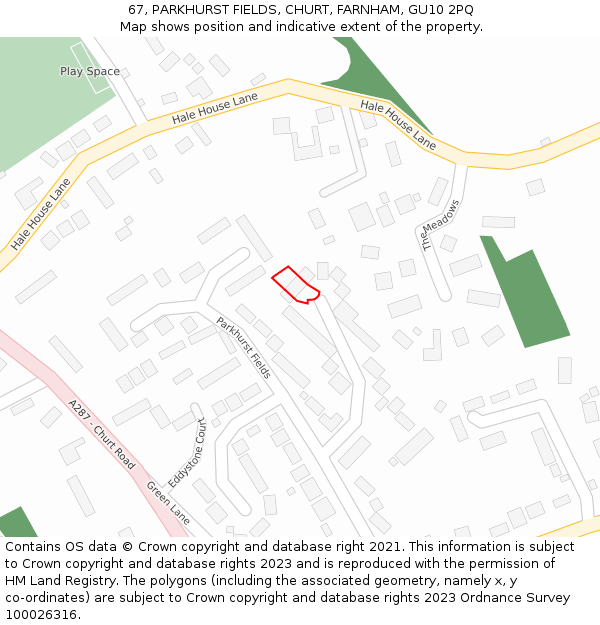 67, PARKHURST FIELDS, CHURT, FARNHAM, GU10 2PQ: Location map and indicative extent of plot