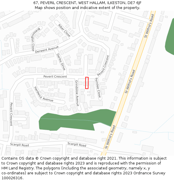 67, PEVERIL CRESCENT, WEST HALLAM, ILKESTON, DE7 6JF: Location map and indicative extent of plot