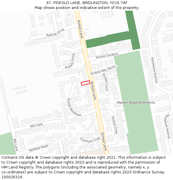 67, PINFOLD LANE, BRIDLINGTON, YO16 7AF: Location map and indicative extent of plot